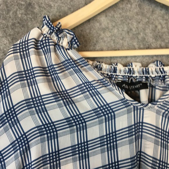 Ashley Stewart Top 22 24 3X Blouse Tie Front Plaid Blue Boho V Neck Ruffle Cuff - Picture 4 of 10